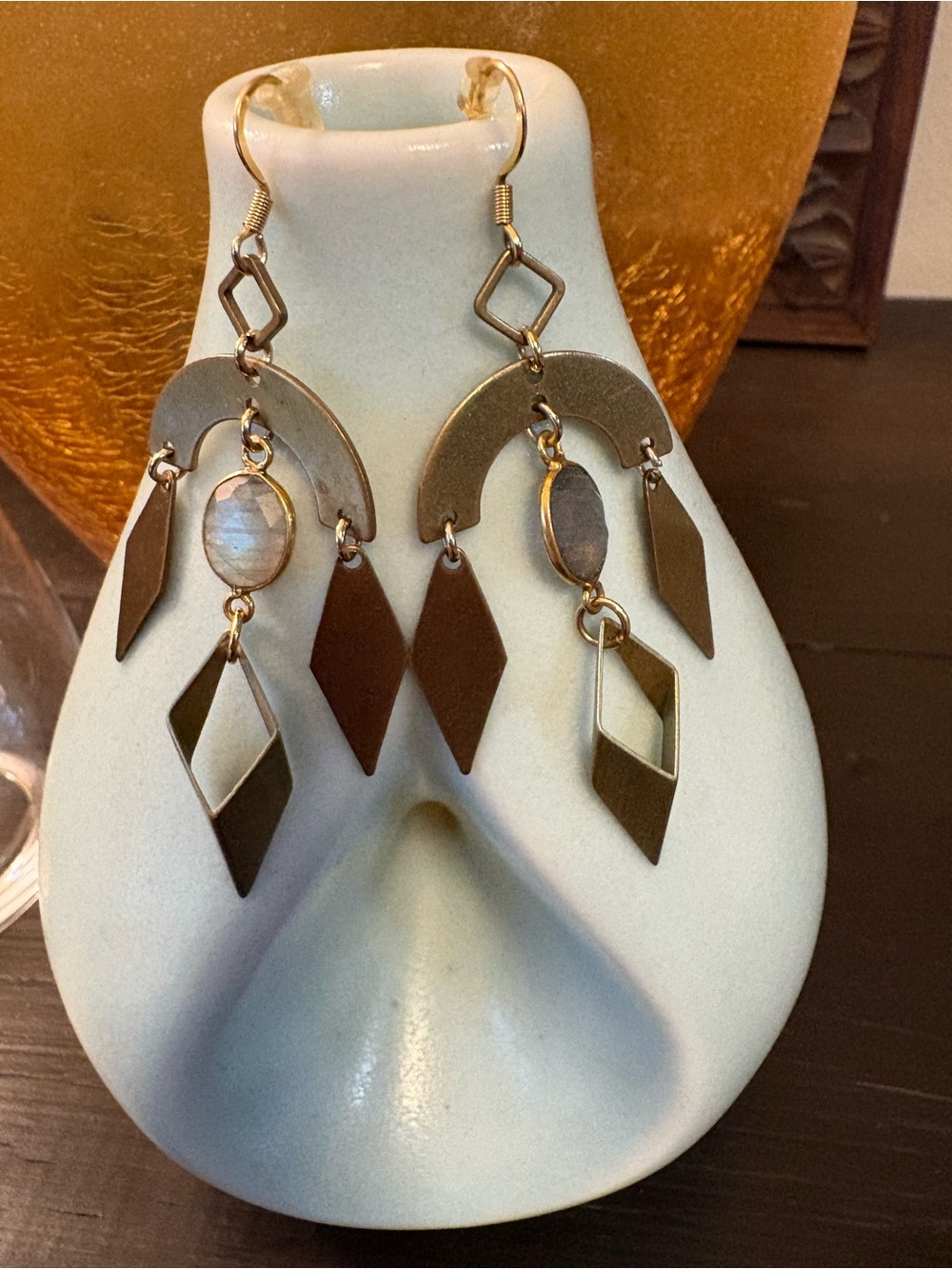 Labradorite Brass Geometric Drop Earrings — EUC